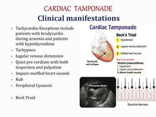  Tachycardia-Exceptions include
patients with bradycardia
during uraemia and patients
with hypothyroidism
 Tachypnea
 Jugular venous distension
 Quiet pre cordium with both
inspection and palpation
 Impure muffled heart sounds
 Rub
 Peripheral Cyanosis
 Beck Traid
 