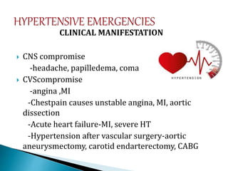 CLINICAL MANIFESTATION
 CNS compromise
-headache, papilledema, coma
 CVScompromise
-angina ,MI
-Chestpain causes unstable angina, MI, aortic
dissection
-Acute heart failure-MI, severe HT
-Hypertension after vascular surgery-aortic
aneurysmectomy, carotid endarterectomy, CABG
 