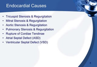 Endocardial Causes
• Tricuspid Stenosis & Regurgitation
• Mitral Stenosis & Regurgitation
• Aortic Stenosis & Regurgitation
• Pulmonary Stenosis & Regurgitation
• Rupture of Cordiae Tendinae
• Atrial Septal Defect (ASD)
• Ventricular Septal Defect (VSD)
6
 
