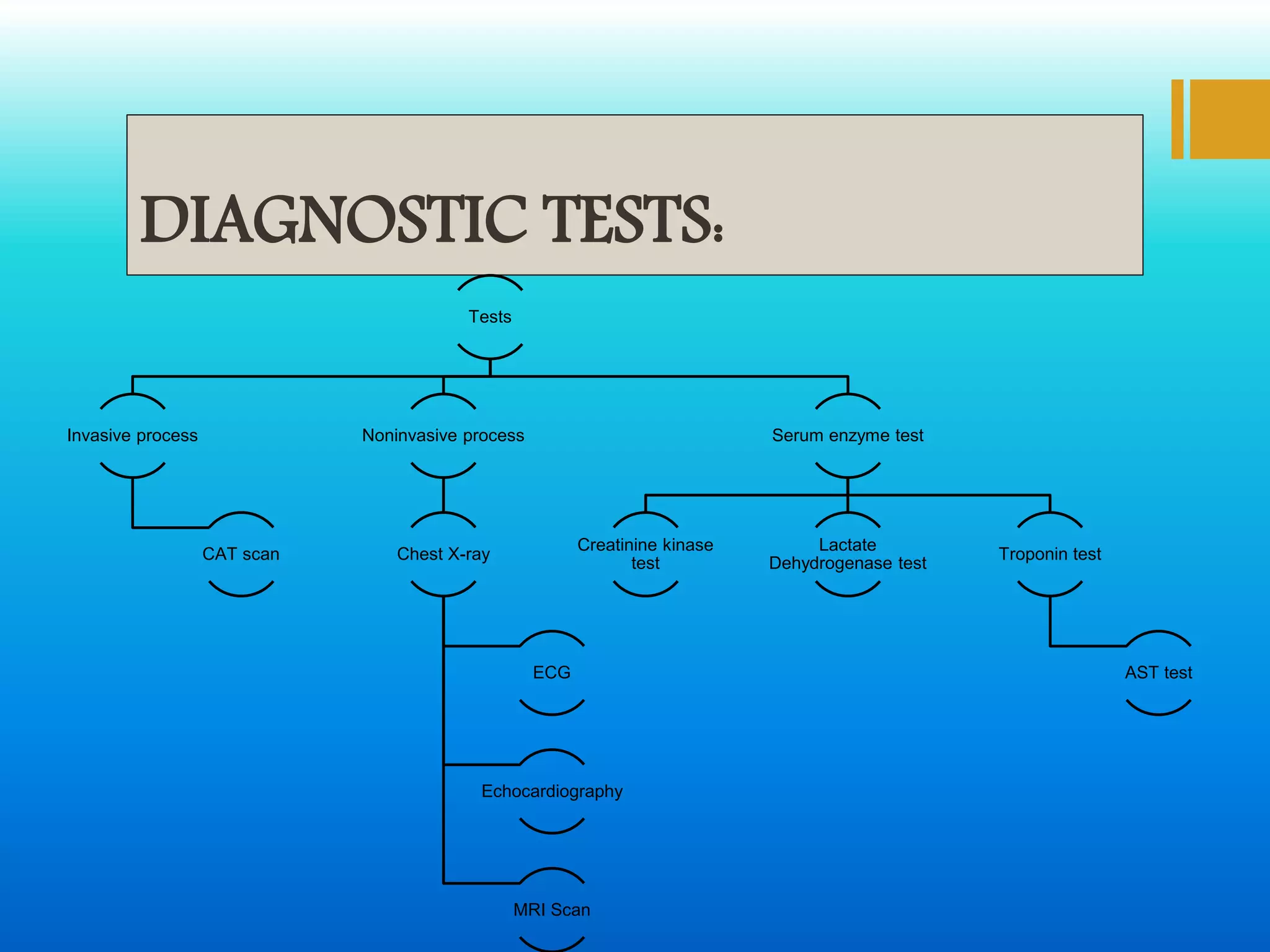 DIAGNOSTIC TESTS:
Tests
Invasive process
CAT scan
Noninvasive process
Chest X-ray
ECG
Echocardiography
MRI Scan
Serum enzyme test
Creatinine kinase
test
Lactate
Dehydrogenase test
Troponin test
AST test
 