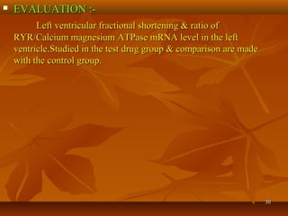 3030
 EVALUATION :-EVALUATION :-
Left ventricular fractional shortening & ratio ofLeft ventricular fractional shortening & ratio of
RYR/Calcium magnesium ATPase mRNA level in the leftRYR/Calcium magnesium ATPase mRNA level in the left
ventricle.Studied in the test drug group & comparison are madeventricle.Studied in the test drug group & comparison are made
with the control group.with the control group.
 