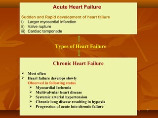 77
Types of Heart Failure
Acute Heart Failure
Sudden and Rapid development of heart failure
i) Larger myocardial infarction
ii) Valve rupture
iii) Cardiac tamponade
Chronic Heart Failure
 Most often
 Heart failure develops slowly
Observed in following status
 Myocardial Ischemia
 Multivalvular heart disease
 Systemic arterial hypertension
 Chronic lung disease resulting in hypoxia
 Progression of acute into chronic failure
 