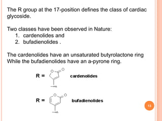 The R group at the 17-position defines the class of cardiac
glycoside.
Two classes have been observed in Nature:
1. cardenolides and
2. bufadienolides .
The cardenolides have an unsaturated butyrolactone ring
While the bufadienolides have an a-pyrone ring.
13
 