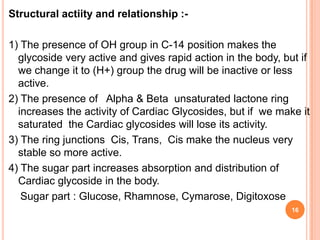 Structural actiity and relationship :-
1) The presence of OH group in C-14 position makes the
glycoside very active and gives rapid action in the body, but if
we change it to (H+) group the drug will be inactive or less
active.
2) The presence of Alpha & Beta unsaturated lactone ring
increases the activity of Cardiac Glycosides, but if we make it
saturated the Cardiac glycosides will lose its activity.
3) The ring junctions Cis, Trans, Cis make the nucleus very
stable so more active.
4) The sugar part increases absorption and distribution of
Cardiac glycoside in the body.
Sugar part : Glucose, Rhamnose, Cymarose, Digitoxose
16
 