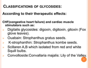 CLASSIFICATIONS OF GLYCOSIDES:
According to their therapeutic effects:
CHF(congestive heart failure) and cardiac muscle
stimulators such as:
 Digitalis glycosides: digoxin, digitoxin, gitoxin (Fox
glove leaves).
 Ouabain: Strophanthus gratus seeds.
 K-strophanthin: Strophanthus kombe seeds.
 Scillaren A,B which isolated from red and white
Squill bulbs.
 Convolloside:Convallaria majalis: Lily of the Valley.
7
 