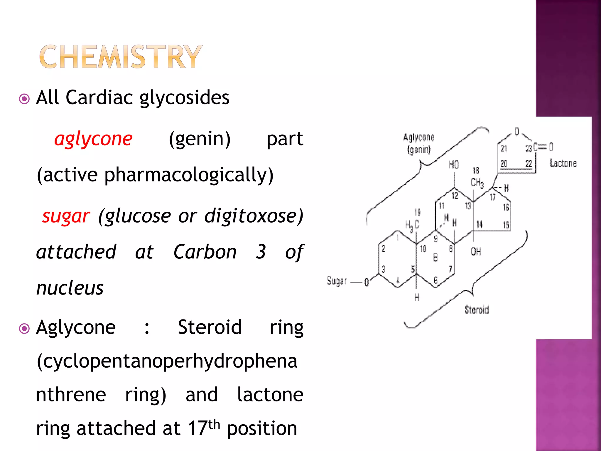  All Cardiac glycosides
aglycone (genin) part
(active pharmacologically)
sugar (glucose or digitoxose)
attached at Carbon 3 of
nucleus
 Aglycone : Steroid ring
(cyclopentanoperhydrophena
nthrene ring) and lactone
ring attached at 17th position
 