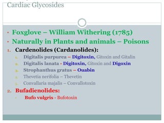 Cardiac Glycosides
• Foxglove – William Withering (1785)
• Naturally in Plants and animals – Poisons
1. Cardenolides (Cardanolides):
1. Digitalis purpurea – Digitoxin, Gitoxin and Gitalin
2. Digitalis lanata - Digitoxin, Gitoxin and Digoxin
3. Strophanthus gratus – Ouabin
4. Thevetia nerifolia – Thevetin
5. Convallaria majalis – Convallotoxin
2. Bufadienolides:
• Bufo vulgris - Bufotoxin
 