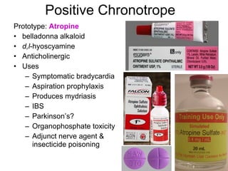 Positive Chronotrope Prototype:  Atropine  belladonna alkaloid d,l -hyoscyamine Anticholinergic Uses Symptomatic bradycardia Aspiration prophylaxis Produces mydriasis IBS Parkinson’s? Organophosphate toxicity Adjunct nerve agent & insecticide poisoning 