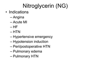 Nitroglycerin (NG)  Indications Angina Acute MI HF HTN Hypertensive emergency Hypotension induction Peri/postoperative HTN Pulmonary edema Pulmonary HTN 