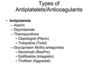 Types of Antiplatelets/Anticoagulants Antiplatelets Aspirin Dipyridamole Thienopyridines Clopidogrel (Plavix) Ticlopidine (Ticlid) Glycoprotein IIb/IIIa antagonists Abciximab (ReoPro) Eptifibatide (Integrelin) Tirofiban (Aggrastat ) 