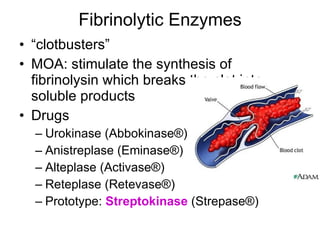 Fibrinolytic Enzymes “ clotbusters” MOA: stimulate the synthesis of fibrinolysin which breaks the clot into soluble products Drugs Urokinase (Abbokinase ® ) Anistreplase (Eminase ® ) Alteplase (Activase ® ) Reteplase (Retevase ® ) Prototype:  Streptokinase  (Strepase ® ) 
