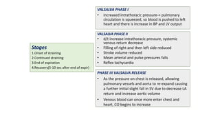 Stages
1.Onset of straining
2.Continued straining
3.End of expiration
4.Recovery(5-10 sec after end of expir)
VALSALVA PHASE I
• increased intrathoracic pressure-> pulmonary
circulation is squeezed, so blood is pushed to left
heart and there is increase in BP and LV output
VALSALVA PHASE II
• d/t increase intrathoracic pressure, systemic
venous return decrease
• Filling of right and then left side reduced
• Stroke volume reduced
• Mean arterial and pulse pressures falls
• Reflex tachycardia
PHASE III VALSALVA RELEASE
• As the pressure on chest is released, allowing
pulmonary vessels and aorta to re-expand causing
a further initial slight fall in SV due to decrease LA
return and increase aortic volume
• Venous blood can once more enter chest and
heart, CO begins to increase
 