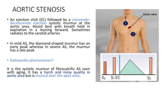 AORTIC STENOSIS
• An ejection click (EC) followed by a crescendo-
decrescendo ejection systolic murmur at the
aortic area. Heard best with breath held in
expiration in a leaning forward. Sometimes
radiates to the carotid arteries
• In mild AS, the diamond-shaped murmur has an
early peak whereas In severe AS, the murmur
has a late peak
• Gallavardin phenomenon?
It is the systolic murmur of fibrocalcific AS seen
with aging. It has a harsh and noisy quality in
aortic area but is musical over the apex area.
 