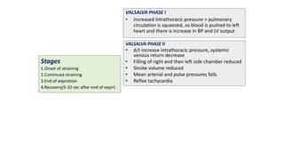 Stages
1.Onset of straining
2.Continued straining
3.End of expiration
4.Recovery(5-10 sec after end of expir)
VALSALVA PHASE I
• increased intrathoracic pressure-> pulmonary
circulation is squeezed, so blood is pushed to left
heart and there is increase in BP and LV output
VALSALVA PHASE II
• d/t increase intrathoracic pressure, systemic
venous return decrease
• Filling of right and then left side chamber reduced
• Stroke volume reduced
• Mean arterial and pulse pressures falls
• Reflex tachycardia
 