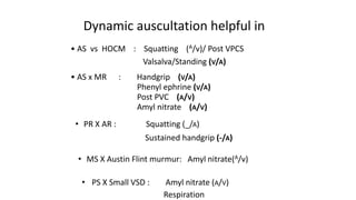 Dynamic auscultation helpful in
• AS vs HOCM : Squatting (A/v)/ Post VPCS
Valsalva/Standing (V/A)
• AS x MR : Handgrip (V/A)
Phenyl ephrine (V/A)
Post PVC (A/V)
Amyl nitrate (A/V)
• MS X Austin Flint murmur: Amyl nitrate(A/v)
• PR X AR : Squatting (_/A)
Sustained handgrip (-/A)
• PS X Small VSD : Amyl nitrate (A/V)
Respiration
 