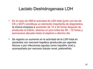 Lactato Deshidrogenasa LDH
• En el caso de IAM la actividad de LDH total (junto con las de
CK y GOT) constituye un elemento importante de diagnóstico,
la misma empieza a aumentar de 12 a 24 horas después de
producido el infarto, alcanza un pico entre las 48 – 72 horas y
permanece elevada hasta el séptimo o décimo día
• Se registra un aumento en la actividad de la LDH total en
pacientes con necrosis hepática (producida por agentes
tóxicos o por infecciones agudas como hepatitis viral) y
acompañado por necrosis tubular renal, pielonefritis
22
 