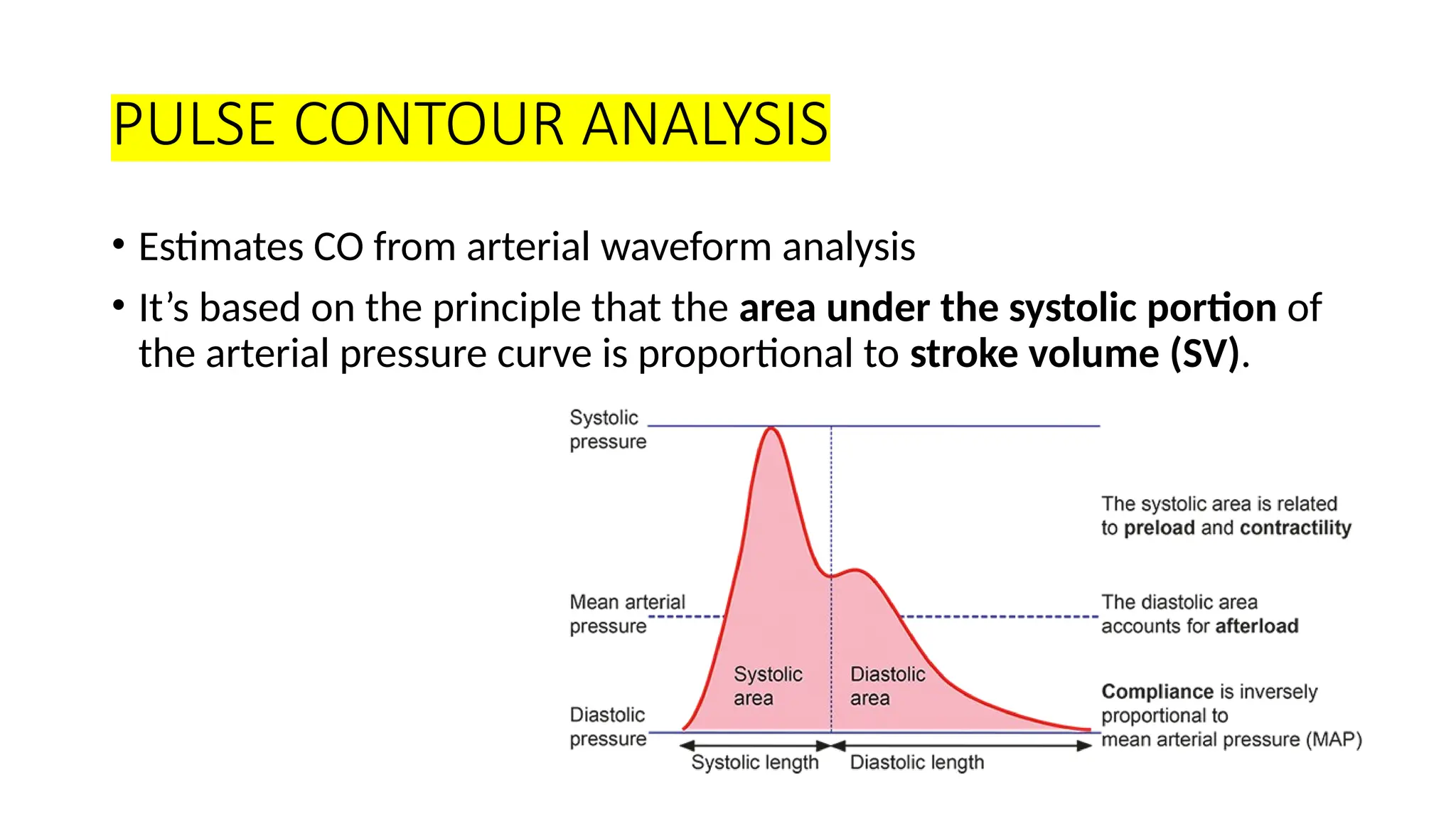PULSE CONTOUR ANALYSIS
• Estimates CO from arterial waveform analysis
• It’s based on the principle that the area under the systolic portion of
the arterial pressure curve is proportional to stroke volume (SV).
 