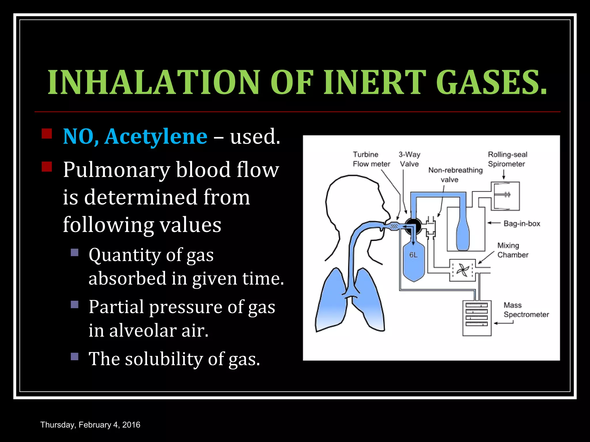 INHALATION OF INERT GASES.
 NO, Acetylene – used.
 Pulmonary blood flow
is determined from
following values
 Quantity of gas
absorbed in given time.
 Partial pressure of gas
in alveolar air.
 The solubility of gas.
Thursday, February 4, 2016
 