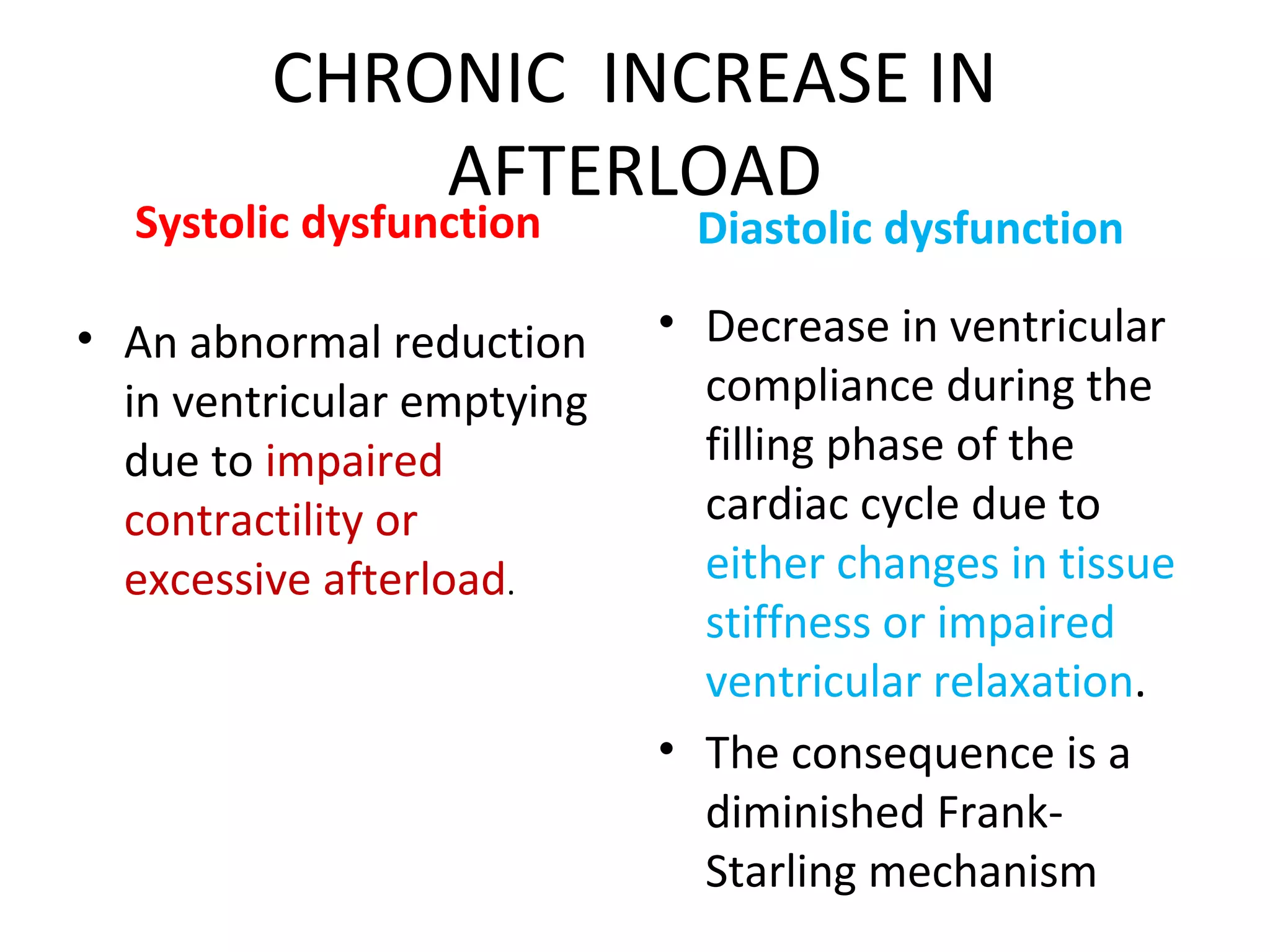 CHRONIC INCREASE IN
AFTERLOAD
Systolic dysfunction
• An abnormal reduction
in ventricular emptying
due to impaired
contractility or
excessive afterload.
Diastolic dysfunction
• Decrease in ventricular
compliance during the
filling phase of the
cardiac cycle due to
either changes in tissue
stiffness or impaired
ventricular relaxation.
• The consequence is a
diminished Frank-
Starling mechanism
 