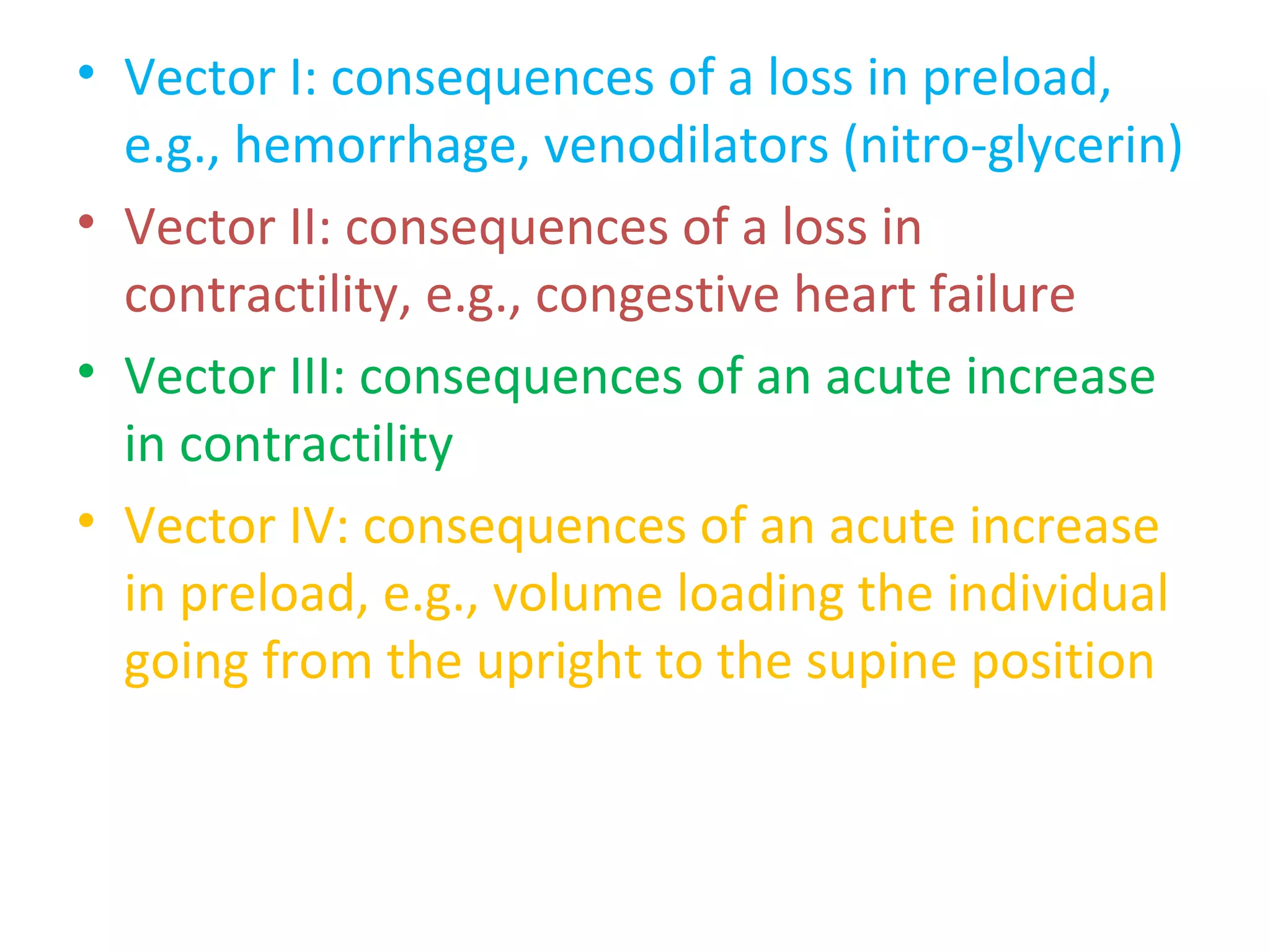 • Vector I: consequences of a loss in preload,
e.g., hemorrhage, venodilators (nitro-glycerin)
• Vector II: consequences of a loss in
contractility, e.g., congestive heart failure
• Vector III: consequences of an acute increase
in contractility
• Vector IV: consequences of an acute increase
in preload, e.g., volume loading the individual
going from the upright to the supine position
 