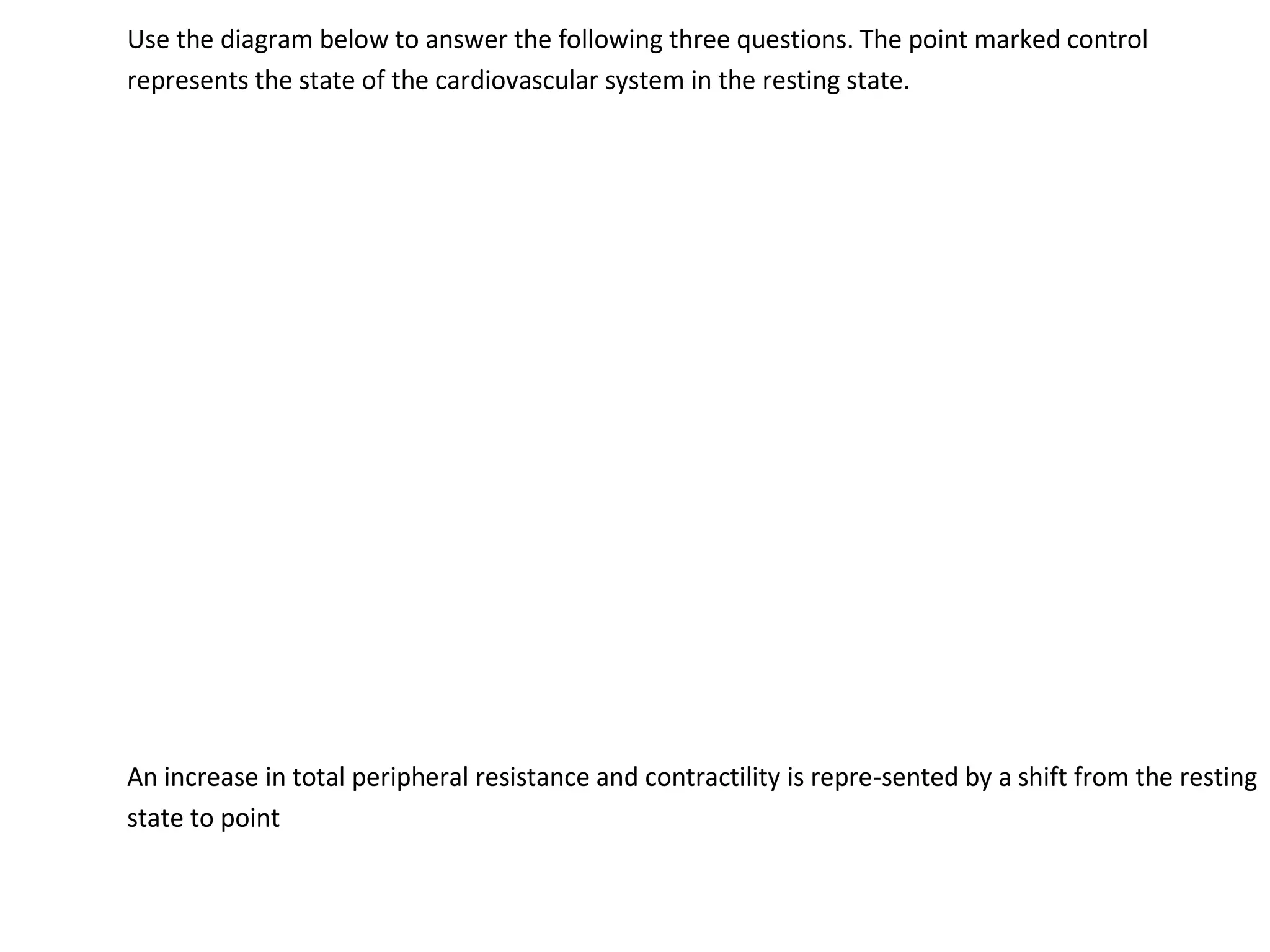 Use the diagram below to answer the following three questions. The point marked control
represents the state of the cardiovascular system in the resting state.
An increase in total peripheral resistance and contractility is repre-sented by a shift from the resting
state to point
 