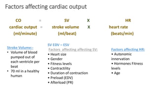 Factors affecting cardiac output
CO = SV X HR
cardiac output = stroke volume X heart rate
(ml/minute) (ml/beat) (beats/min)
Stroke Volume:-
• Volume of blood
pumped out of
each ventricle per
beat
• 70 ml in a healthy
human
SV EDV – ESV
Factors affecting affecting SV:
• Heart size
• Gender
• Fitness levels
• Contractility
• Duration of contraction
• Preload (EDV)
• Afterload (PR)
Factors affecting HR:
• Autonomic
innervation
• Hormones Fitness
levels
• Age
 