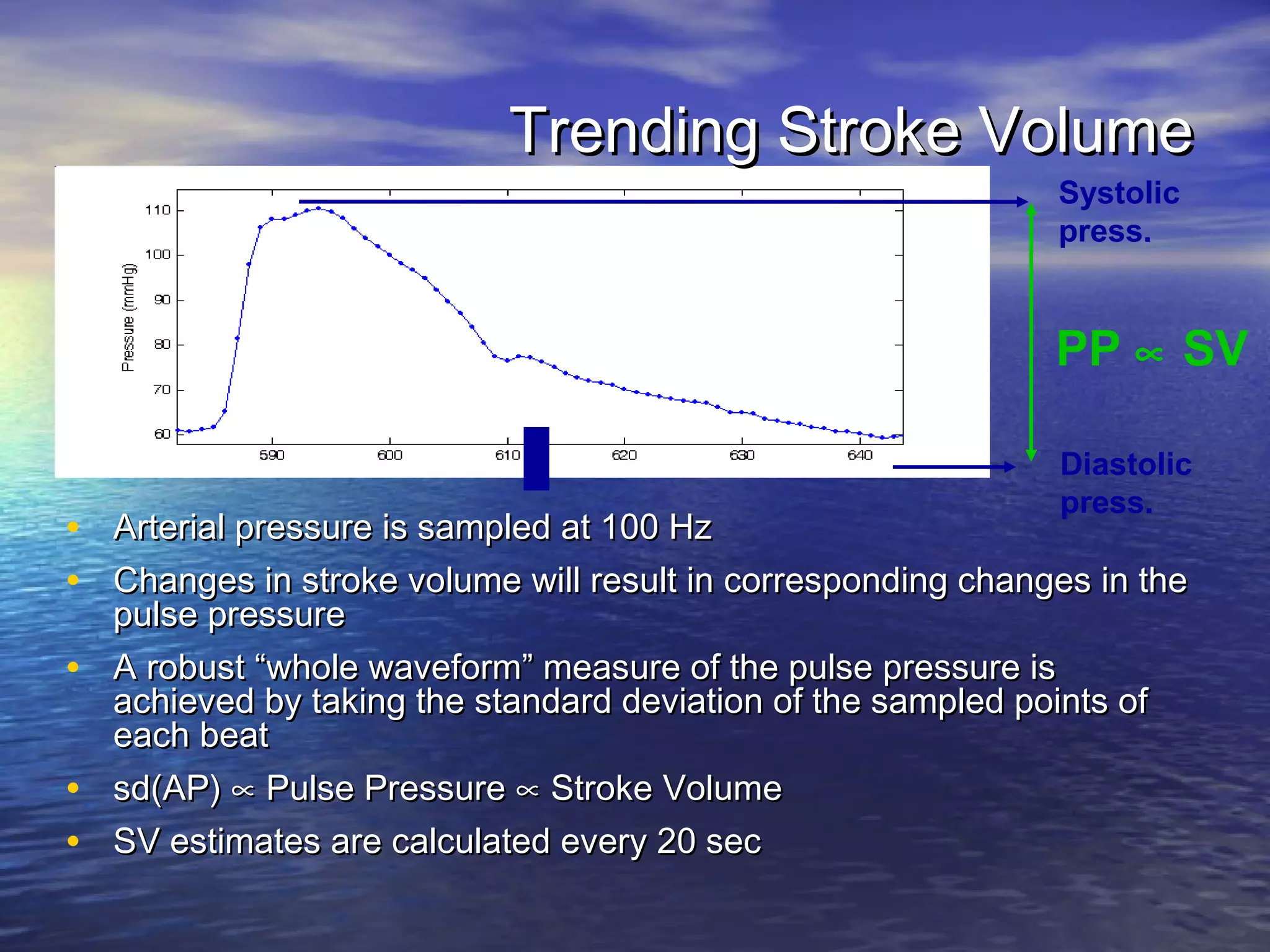 Trending Stroke Volume
                                                              Systolic
                                                              press.


                                                              PP ∝ SV

                                                              Diastolic
                                                              press.
• Arterial pressure is sampled at 100 Hz
• Changes in stroke volume will result in corresponding changes in the
  pulse pressure
• A robust “whole waveform” measure of the pulse pressure is
  achieved by taking the standard deviation of the sampled points of
  each beat
• sd(AP) ∝ Pulse Pressure ∝ Stroke Volume
• SV estimates are calculated every 20 sec
 