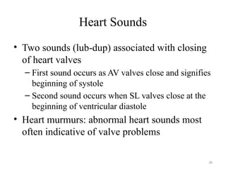 36
Heart Sounds
• Two sounds (lub-dup) associated with closing
of heart valves
– First sound occurs as AV valves close and signifies
beginning of systole
– Second sound occurs when SL valves close at the
beginning of ventricular diastole
• Heart murmurs: abnormal heart sounds most
often indicative of valve problems
 