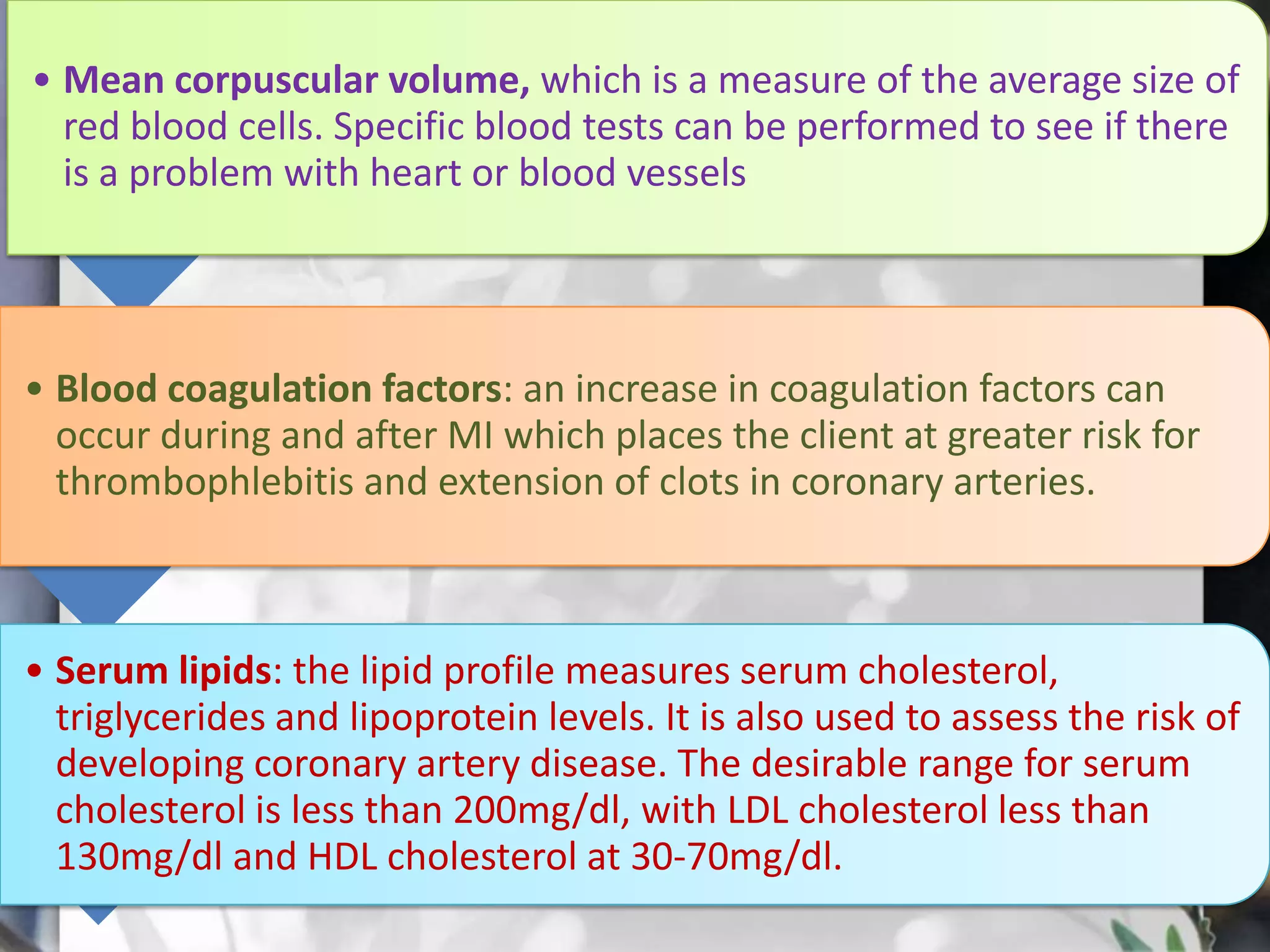 • Mean corpuscular volume, which is a measure of the average size of
red blood cells. Specific blood tests can be performed to see if there
is a problem with heart or blood vessels

• Blood coagulation factors: an increase in coagulation factors can
occur during and after MI which places the client at greater risk for
thrombophlebitis and extension of clots in coronary arteries.

• Serum lipids: the lipid profile measures serum cholesterol,
triglycerides and lipoprotein levels. It is also used to assess the risk of
developing coronary artery disease. The desirable range for serum
cholesterol is less than 200mg/dl, with LDL cholesterol less than
130mg/dl and HDL cholesterol at 30-70mg/dl.

 