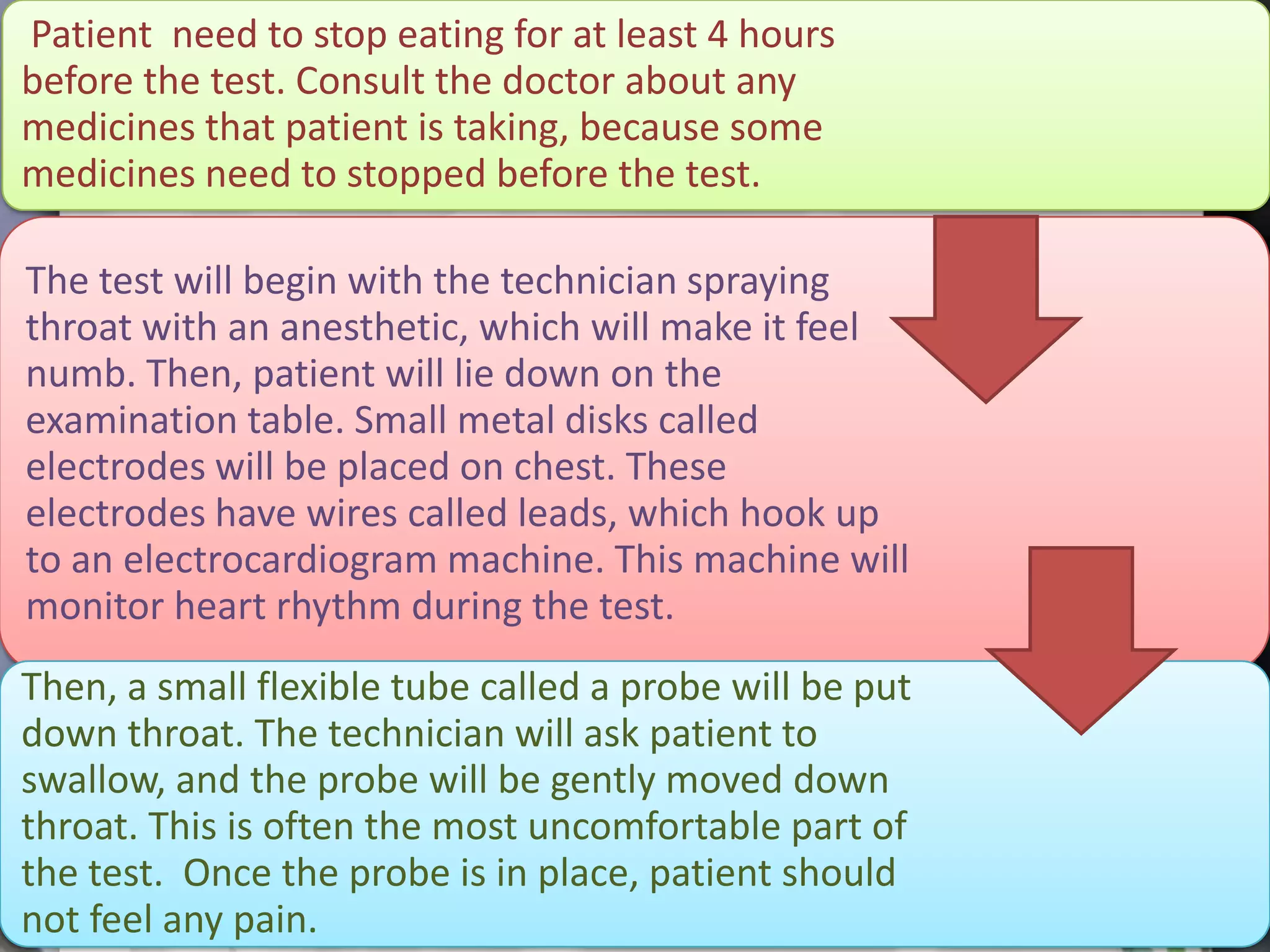 Patient need to stop eating for at least 4 hours
before the test. Consult the doctor about any
medicines that patient is taking, because some
medicines need to stopped before the test.
The test will begin with the technician spraying
throat with an anesthetic, which will make it feel
numb. Then, patient will lie down on the
examination table. Small metal disks called
electrodes will be placed on chest. These
electrodes have wires called leads, which hook up
to an electrocardiogram machine. This machine will
monitor heart rhythm during the test.

Then, a small flexible tube called a probe will be put
down throat. The technician will ask patient to
swallow, and the probe will be gently moved down
throat. This is often the most uncomfortable part of
the test. Once the probe is in place, patient should
not feel any pain.

 