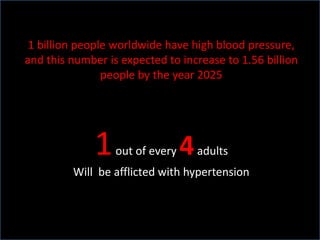.
1 billion people worldwide have high blood pressure,
and this number is expected to increase to 1.56 billion
people by the year 2025
1out of every 4adults
Will be afflicted with hypertension
 