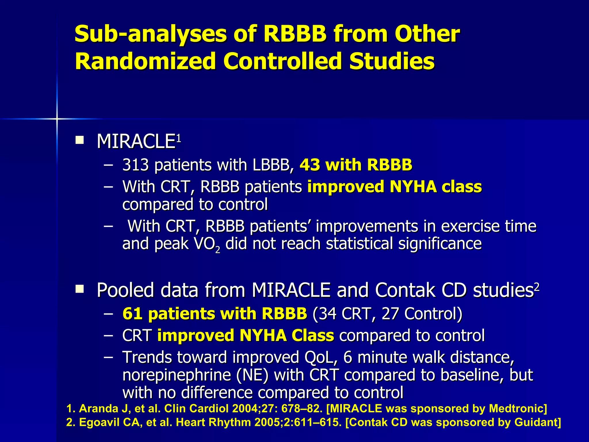 Sub-analyses of RBBB from Other Randomized Controlled Studies MIRACLE 1   313 patients with LBBB,  43 with RBBB With CRT, RBBB patients  improved NYHA class  compared to control  With CRT, RBBB patients’ improvements in exercise time and peak VO 2  did not reach statistical significance Pooled data from MIRACLE and Contak CD studies 2 61 patients with RBBB  (34 CRT, 27 Control) CRT  improved NYHA Class  compared to control  Trends toward improved QoL, 6 minute walk distance, norepinephrine (NE) with CRT compared to baseline, but with no difference compared to control 1. Aranda J, et al. Clin Cardiol 2004;27: 678–82. [MIRACLE was sponsored by Medtronic] 2. Egoavil CA, et al. Heart Rhythm 2005;2:611–615. [Contak CD was sponsored by Guidant] 