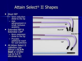 Short 90º 5mm reduction distal to the tip Aids advancement in small, tortuous anatomy Extended 90º & Extended 130º 8mm extension distal to the tip Provides additional reach for sub-selection All Attain Select II catheters can deliver a  5.3 Fr lead  or smaller (up to 5.6 Fr electrode tip) Attain Select ®  II Shapes Short 90º Extended 90º Extended 130º 130º 90º 