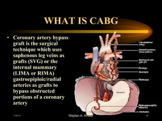 WHAT IS CABG Coronary artery bypass graft is the surgical technique which uses saphenous leg veins as grafts (SVG) or the internal mammary (LIMA or RIMA) gastroepiploic/radial arteries as grafts to bypass obstructed portions of a coronary artery 