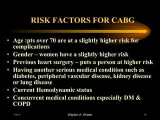 RISK FACTORS FOR CABG Age :pts over 70 are at a slightly higher risk for complications Gender – women have a slightly higher risk Previous heart surgery – puts a person at higher risk Having another serious medical condition such as diabetes, peripheral vascular disease, kidney disease or lung disease Current Hemodynamic status Concurrent medical conditions especially DM & COPD 