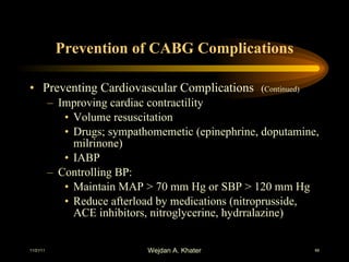 Prevention of CABG Complications Preventing Cardiovascular Complications   ( Continued) Improving cardiac contractility Volume resuscitation Drugs; sympathomemetic (epinephrine, doputamine, milrinone) IABP Controlling BP: Maintain MAP > 70 mm Hg or SBP > 120 mm Hg Reduce afterload by medications (nitroprusside, ACE inhibitors, nitroglycerine, hydrralazine) 