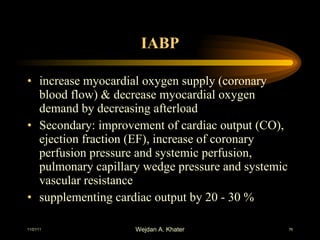 IABP increase myocardial oxygen supply (coronary blood flow) & decrease myocardial oxygen demand by decreasing afterload  Secondary: improvement of cardiac output (CO), ejection fraction (EF), increase of coronary perfusion pressure and systemic perfusion, pulmonary capillary wedge pressure and systemic vascular resistance  supplementing cardiac output by 20 - 30 % 
