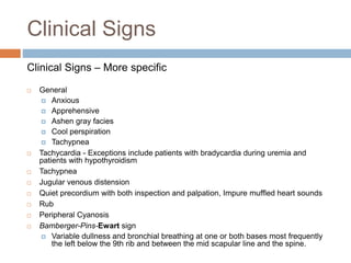 Clinical Signs
Clinical Signs – More specific
 General
 Anxious
 Apprehensive
 Ashen gray facies
 Cool perspiration
 Tachypnea
 Tachycardia - Exceptions include patients with bradycardia during uremia and
patients with hypothyroidism
 Tachypnea
 Jugular venous distension
 Quiet precordium with both inspection and palpation, Impure muffled heart sounds
 Rub
 Peripheral Cyanosis
 Bamberger-Pins-Ewart sign
 Variable dullness and bronchial breathing at one or both bases most frequently
the left below the 9th rib and between the mid scapular line and the spine.
 