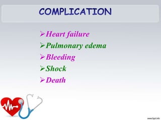 Heart failure
Pulmonary edema
Bleeding
Shock
Death
 
