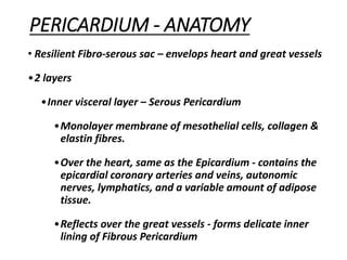 PERICARDIUM - ANATOMY
• Resilient Fibro-serous sac – envelops heart and great vessels
•2 layers
•Inner visceral layer – Serous Pericardium
•Monolayer membrane of mesothelial cells, collagen &
elastin fibres.
•Over the heart, same as the Epicardium - contains the
epicardial coronary arteries and veins, autonomic
nerves, lymphatics, and a variable amount of adipose
tissue.
•Reflects over the great vessels - forms delicate inner
lining of Fibrous Pericardium
 