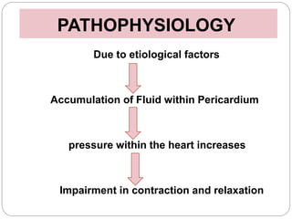 PATHOPHYSIOLOGY
Due to etiological factors
Accumulation of Fluid within Pericardium
pressure within the heart increases
Impairment in contraction and relaxation
 