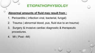 ETIOPATHOPHYSIOLGY
Abnormal amounts of fluid may result from :
1. Pericarditis ( infection viral, bacterial, fungal)
2. Trauma ( abnormal blood, pus, fluid due to an trauma)
3. Surgery & invasive cardiac diagnostic & therapeutic
procedures.
4. MI ( Post –MI)
 