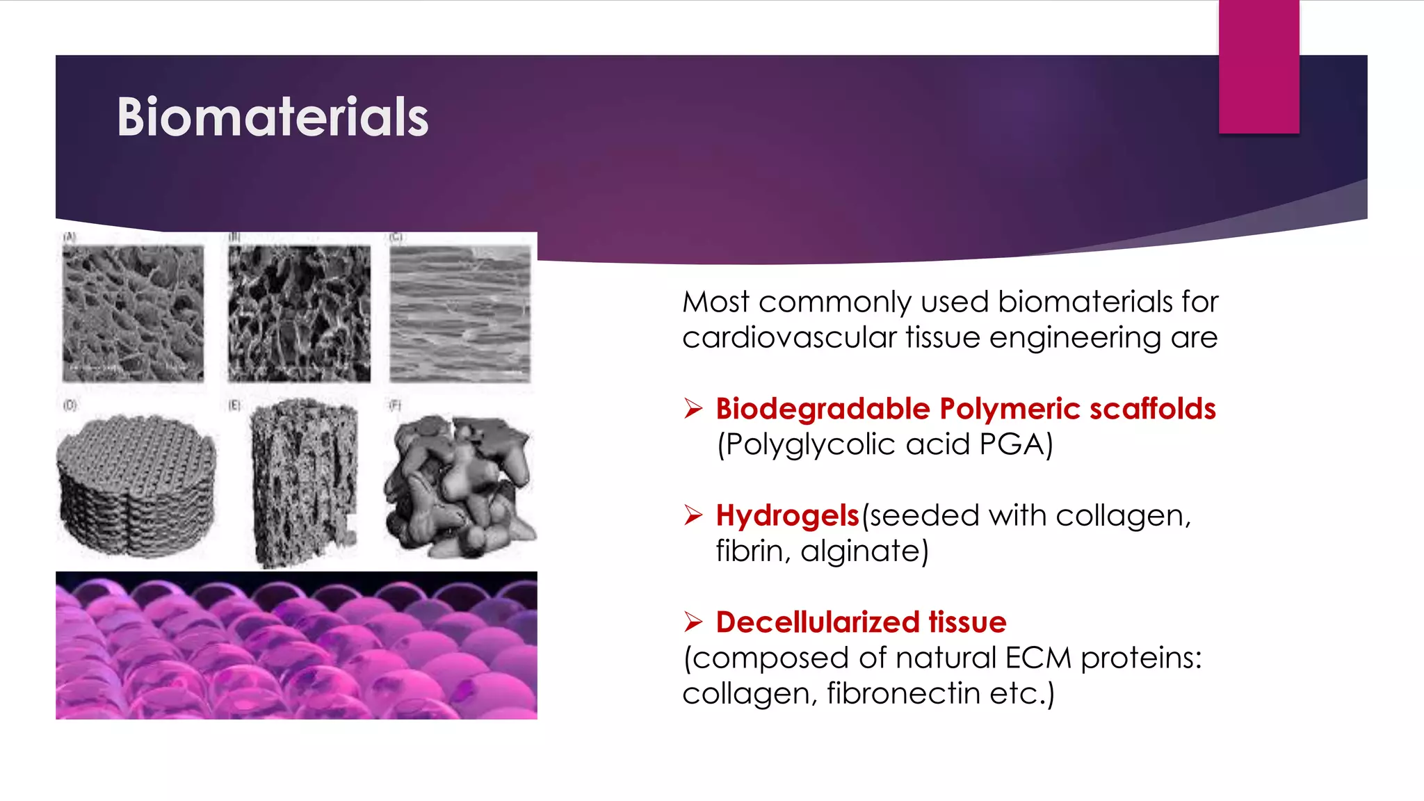 Biomaterials
Most commonly used biomaterials for
cardiovascular tissue engineering are
 Biodegradable Polymeric scaffolds
(Polyglycolic acid PGA)
 Hydrogels(seeded with collagen,
fibrin, alginate)
 Decellularized tissue
(composed of natural ECM proteins:
collagen, fibronectin etc.)
 