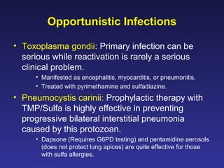 Opportunistic Infections
• Toxoplasma gondii: Primary infection can be
serious while reactivation is rarely a serious
clinical problem.
• Manifested as encephalitis, myocarditis, or pneumonitis.
• Treated with pyrimethamine and sulfadiazine.
• Pneumocystis carinii: Prophylactic therapy with
TMP/Sulfa is highly effective in preventing
progressive bilateral interstitial pneumonia
caused by this protozoan.
• Dapsone (Requires G6PD testing) and pentamidine aerosols
(does not protect lung apices) are quite effective for those
with sulfa allergies.
 