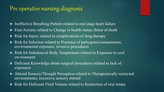 Pre operative nursing diagnosis
 Ineffective Breathing Pattern related to end stage heart failure
 Fear/Anxiety related to Change in health status; threat of death
 Risk for Injury related to complications of drug therapy
 Risk for Infection related to Presence of pathogens/contaminants,
environmental exposure, invasive procedures
 Risk for Imbalanced Body Temperature related to Exposure to cool
environment
 Deficient Knowledge about surgical procedures related to lack of
exposures
 Altered Sensory/Thought Perception related to Therapeutically restricted
environments; excessive sensory stimuli
 Risk for Deficient Fluid Volume related to Restriction of oral intake
 