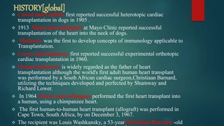 HISTORY[global]
 Carrel and Guthrie first reported successful heterotopic cardiac
transplantation in dogs in 1905 .
 1913 Mann and colleagues at Mayo Clinic reported successful
transplantation of the heart into the neck of dogs.
 Medawar was the first to develop concepts of immunology applicable to
Transplantation.
 Lower and Shumway first reported successful experimental orthotopic
cardiac transplantation in 1960.
 Orman Shumway is widely regarded as the father of heart
transplantation although the world's first adult human heart transplant
was performed by a South African cardiac surgeon,Christiaan Barnard,
utilizing the techniques developed and perfected by Shumway and
Richard Lower.
 In 1964, Hardy and colleagues performed the first heart transplant into
a human, using a chimpanzee heart.
 The first human-to-human heart transplant (allograft) was performed in
Cape Town, South Africa, by on December 3, 1967.
 The recipient was Louis Washkansky, a 53-yearChristiaan Barnard -old
 