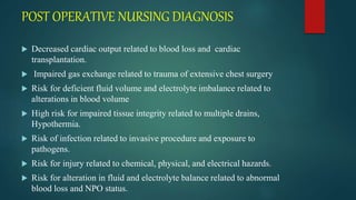 POST OPERATIVE NURSING DIAGNOSIS
 Decreased cardiac output related to blood loss and cardiac
transplantation.
 Impaired gas exchange related to trauma of extensive chest surgery
 Risk for deficient fluid volume and electrolyte imbalance related to
alterations in blood volume
 High risk for impaired tissue integrity related to multiple drains,
Hypothermia.
 Risk of infection related to invasive procedure and exposure to
pathogens.
 Risk for injury related to chemical, physical, and electrical hazards.
 Risk for alteration in fluid and electrolyte balance related to abnormal
blood loss and NPO status.
 