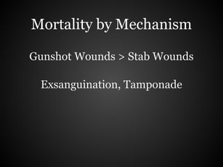 Mortality by Mechanism

Gunshot Wounds > Stab Wounds

 Exsanguination, Tamponade
 