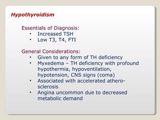 Hypothyroidism <ul><li>Essentials of Diagnosis: </li></ul><ul><ul><li>Increased TSH </li></ul></ul><ul><ul><li>Low T3, T4,...