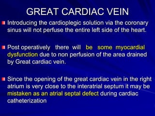 GREAT CARDIAC VEIN
Introducing the cardioplegic solution via the coronary
sinus will not perfuse the entire left side of the heart.
Post operatively there will be some myocardial
dysfunction due to non perfusion of the area drained
by Great cardiac vein.
Since the opening of the great cardiac vein in the right
atrium is very close to the interatrial septum it may be
mistaken as an atrial septal defect during cardiac
catheterization

 
